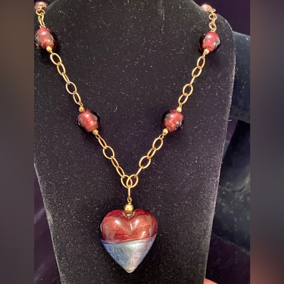 STUNNING 14K GF STERLING SILVER PURPLE ART GLASS HEART Necklace & Bracelet Set - Picture 2 of 13